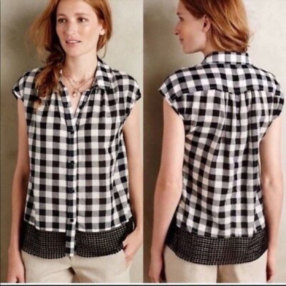 Anthropologie Black White Gingham Plaid Blouse